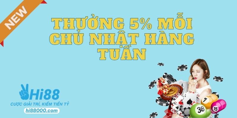 Thưởng 5% mỗi chủ nhật hàng tuần với nhà cái hi88